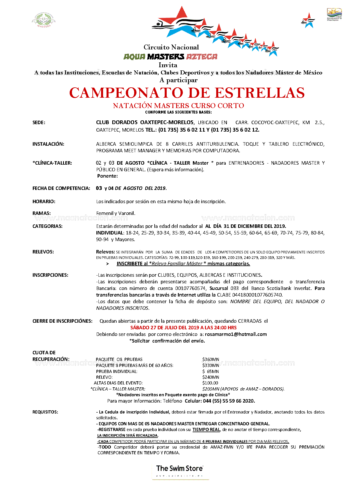 Convocatoria: Campeonato de Estrellas Natación Masters Curso Corto 2019