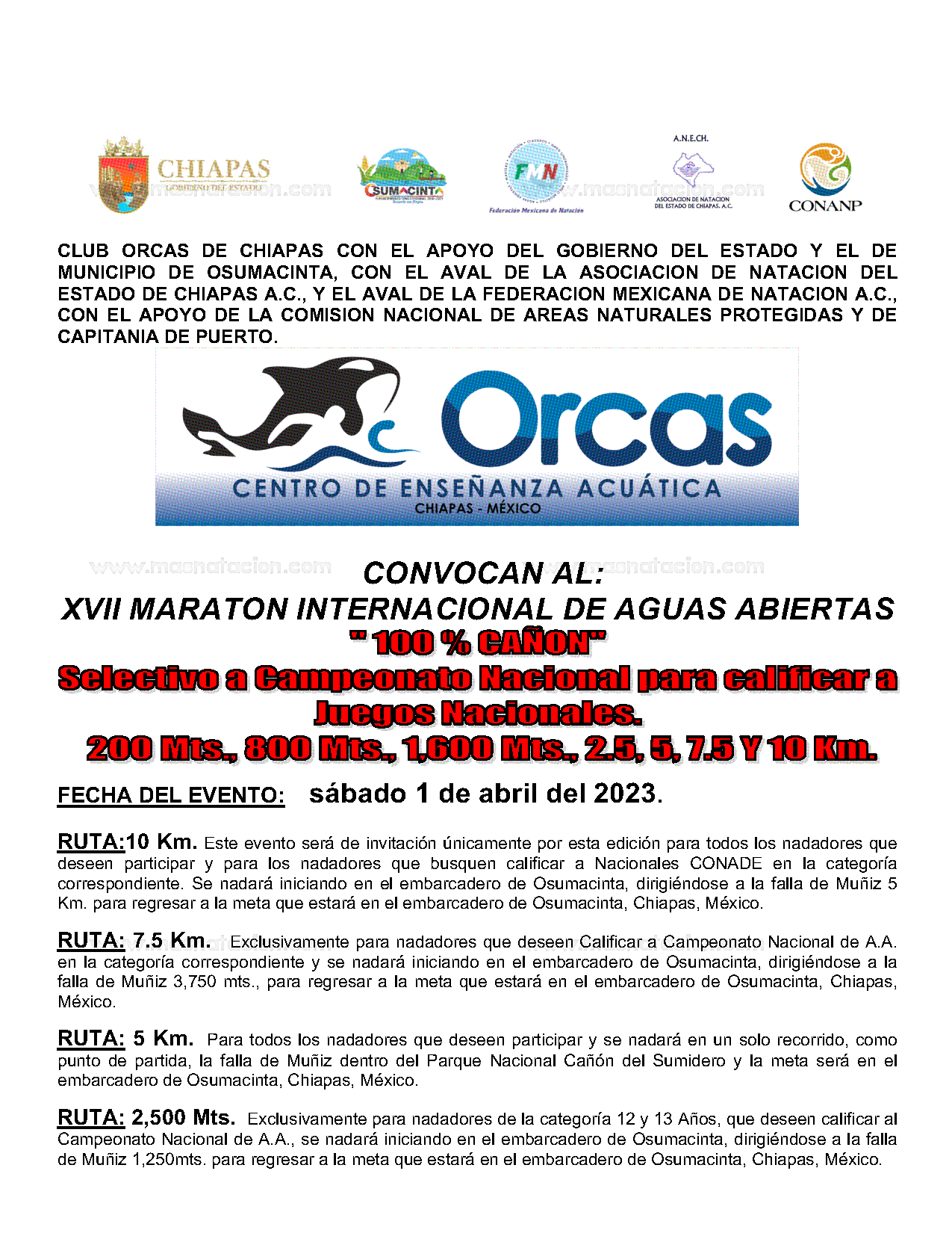 Convocatoria: XVII Maraton Internacional de Aguas Abiertas 100% Cañon 2023